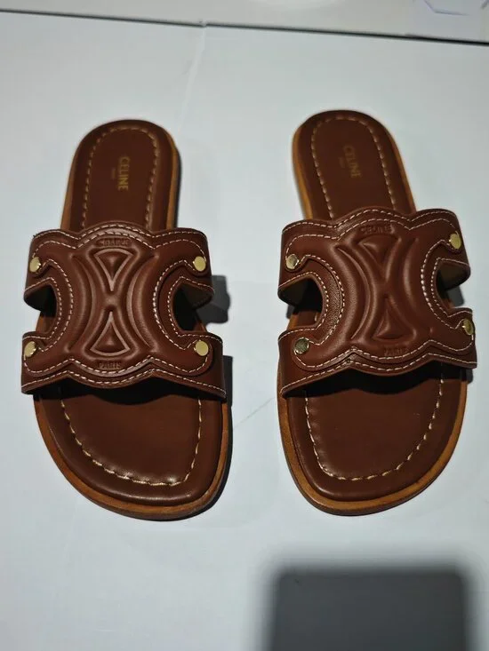 CELINE Brown Triomphe Logo Slide Sandals - Picture 1 of 4